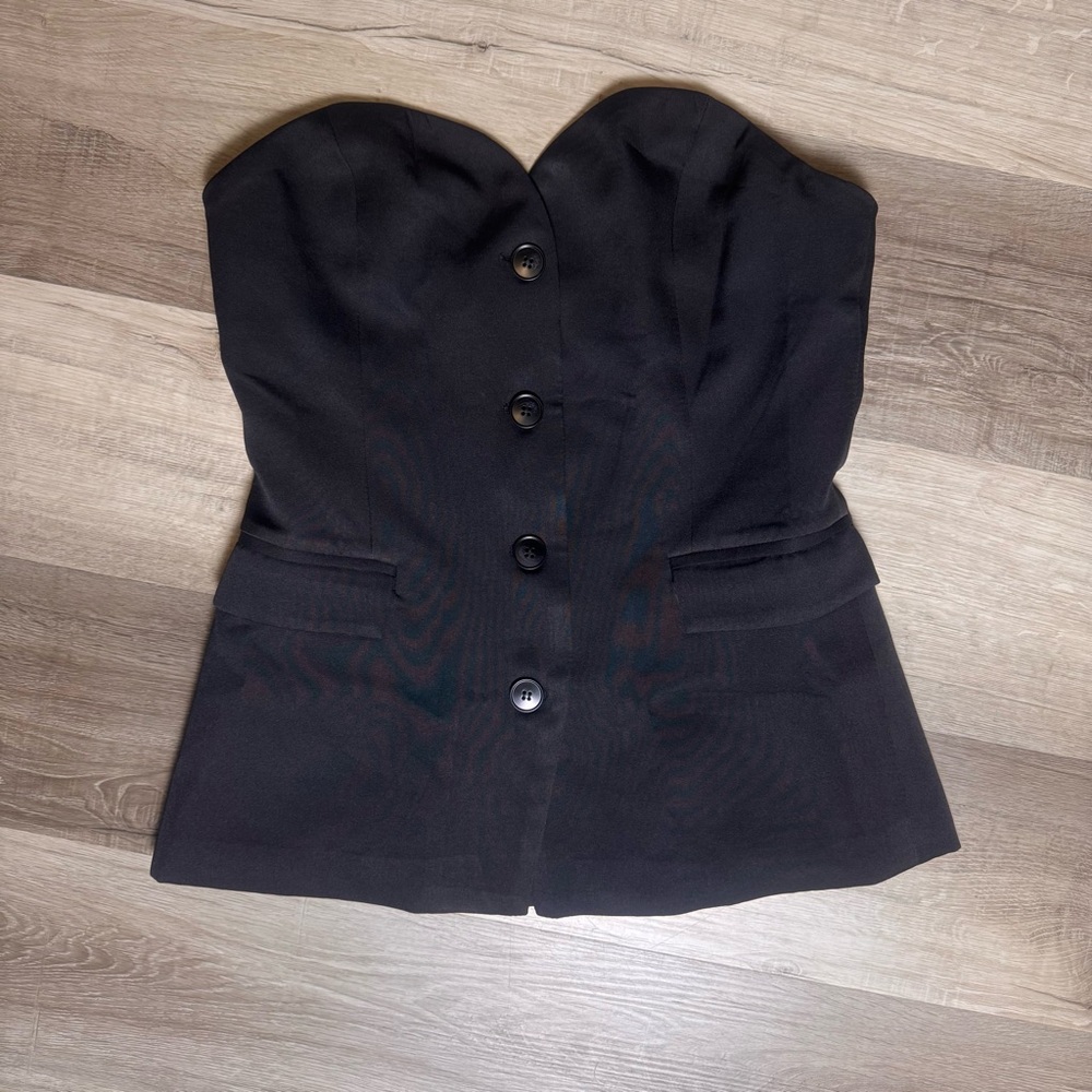 Commense Strapless Solid Black Button Up Suit Top - image 1